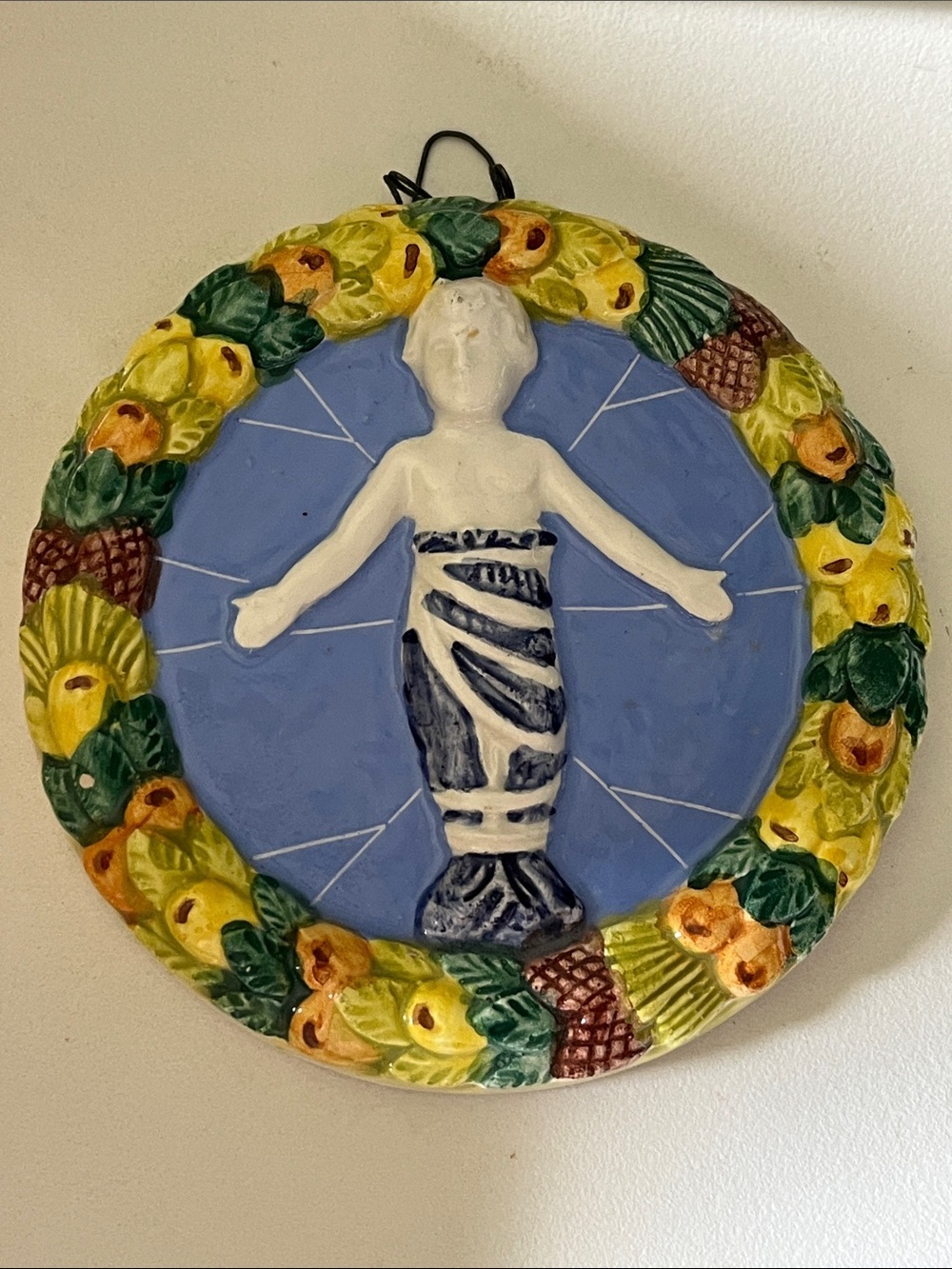 Vintage Della Robbia Style Baby Jesus Wall Plaque Italy Fruit Ceramic Relief